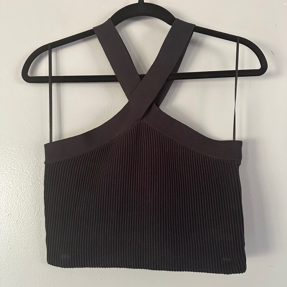 Love Tree Ribbed Crossover Halter Crop Top | Black